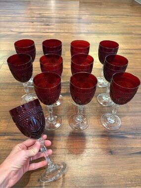 Set of 12 Cristal d'Arques Antique Ruby Goblets Red Cut Glass France Vintage EU